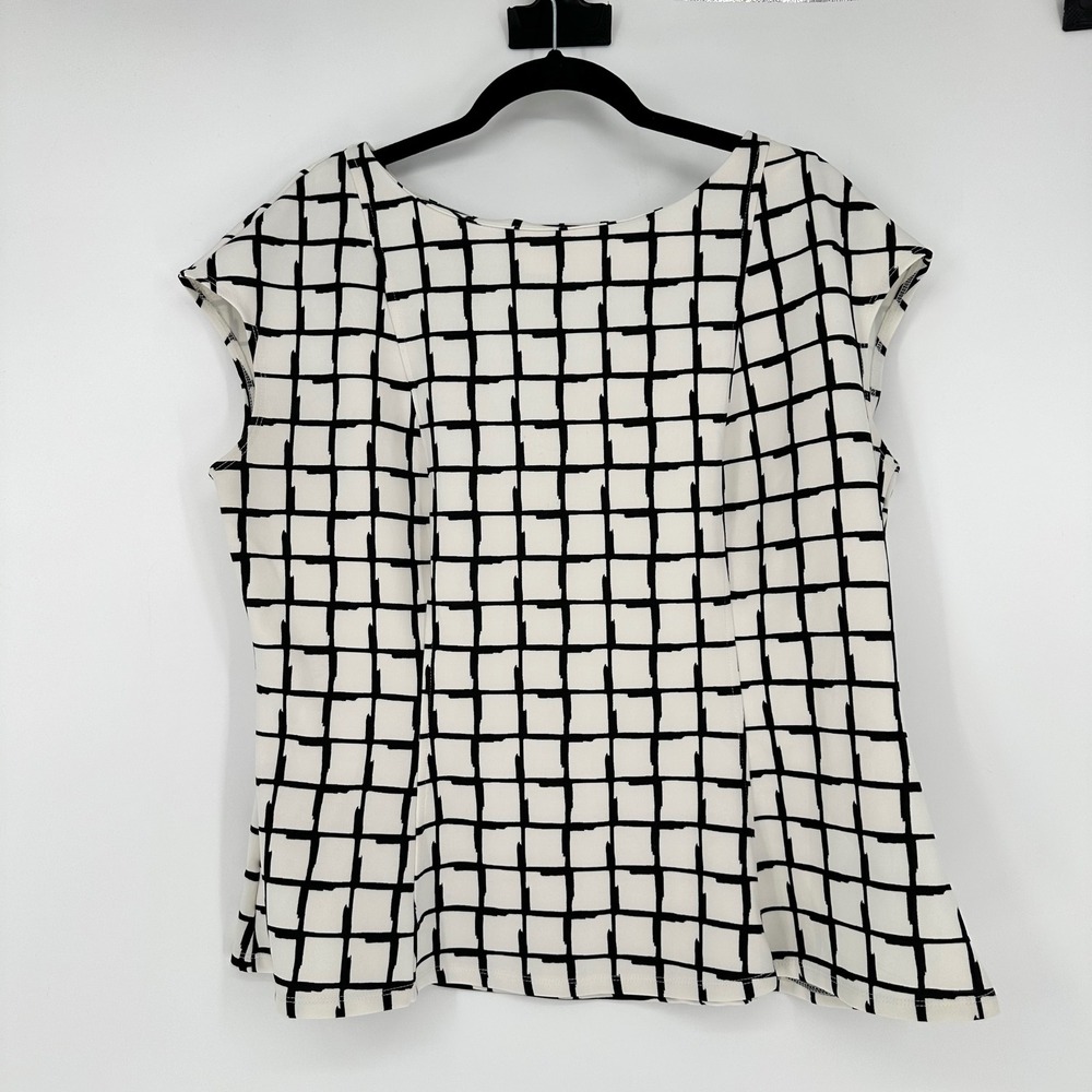 Worthington Cream Black Abstract Grid Cap Sleeve Peplum Belted Blouse‎ XL